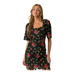 Just Me Floral Rose Embroidered Lace Mini Dress, Black, Size S NWOT